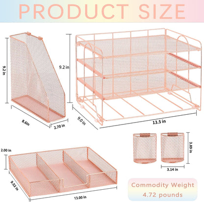 Desk Organizer and Accessories, 4-Tier Desktop File Organizer with Drawer and 2 Pen Holders, Office Desk Accessories for Office Supplies(Rose Gold)