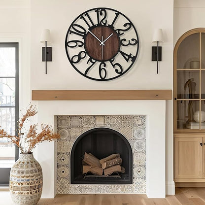 Maxstar Large Round Wall Clock for Living Room Decor Battery Operated Non Ticking Black Metal Wood Clocks for Home Living Room Garden Farmhouse Office Kitchen Decoration -32 inch