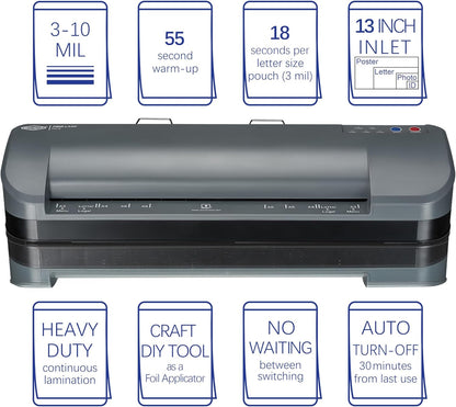 SINCHI 13-Inch Thermal Laminator & Foil Applicator, 3–10 Mil, 4-Roller, 55s Warm-Up, 40 in/Min, Auto Shutoff, Commercial-Grade Laminating Machine with 10 Pouches for Office, School, Crafts & DIY