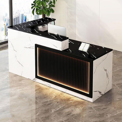 Modern Reception Desk with Counter and Drawer Office Front Desk with Cabinet Wooden Commercial Reception Table Checkout Counter for Retail Salon Lobby White and Black Right 71inch/180cm