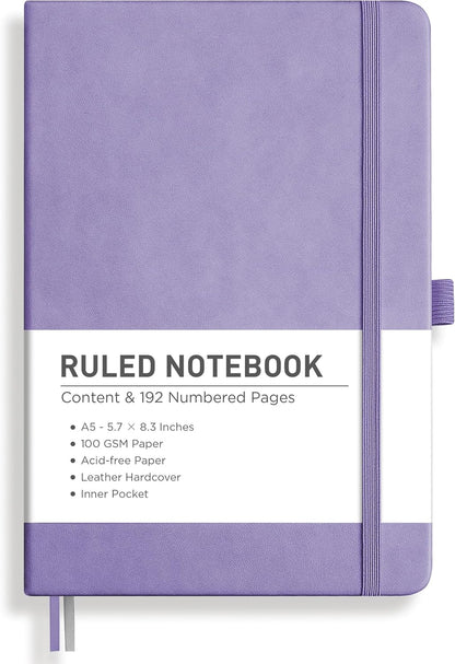 RETTACY Lined Journal Notebook, 192 Numbered Pages, A5 Medium Size (5.7'' x 8.3''), for Men & Women, Journaling, Writing, Work & Office, Leather Hardcover, 100 GSM Thick Paper (Purple)