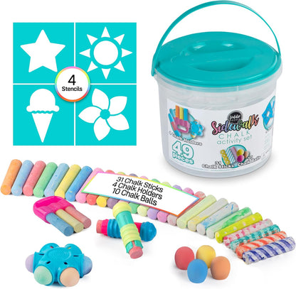 Loddie Doddie 49pc Sidewalk Chalk Bucket – Outdoor Activity Play Set for Kids, 31 Assorted Chalk Sticks, 4 Holders, 10 Ball Refills, 4 Stencils, Outdoor Water Play, Washable, Reusable Bucket