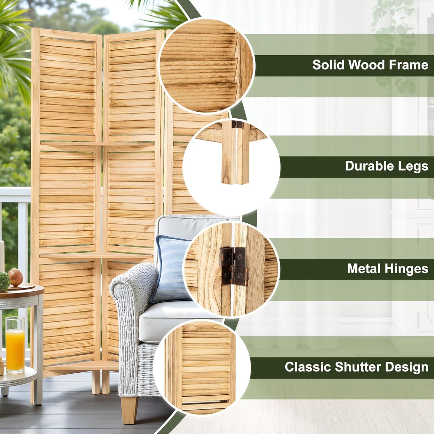 NicBex 6 Panel Room Divider 5.6FT Louvered Design Room Dividers with Display Storage Shelves Folding Privacy Screens Portable Freestanding Partition Wall Dividers for Home Bedroom Office, Natural Wood