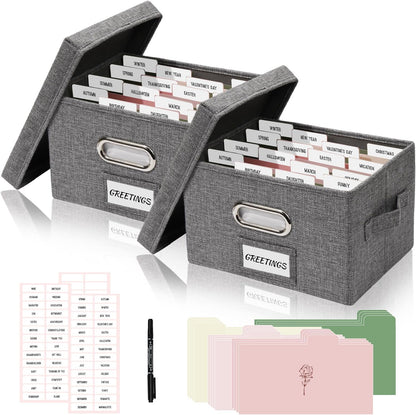 Greeting Card Storage Box, Linen Storage Box with 32 Adjustable Dividers, 168 Labels, 2 Marker Pen, Perfect for Organizing Greeting Cards, Envelopes, Photos 2 Pack Grey