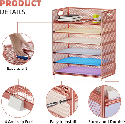 Marbrasse 6 Tier Paper Organizer Letter Tray - Mesh Desk File Organizer with Handle, Paper Sorter Organizer for Letter/A4 Office File Folder Holder - Rose Gold