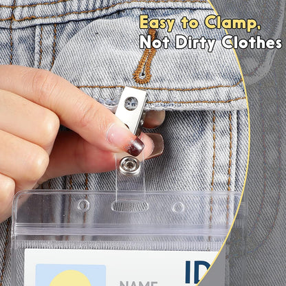 Zonon 150 Sets Name Badge Holders with Clip Clear on Name Tag Waterproof PVC ID Transparent Badge Holder with Resealable Zipper Seal Metal for Teacher Student Worker(Classic Clip)