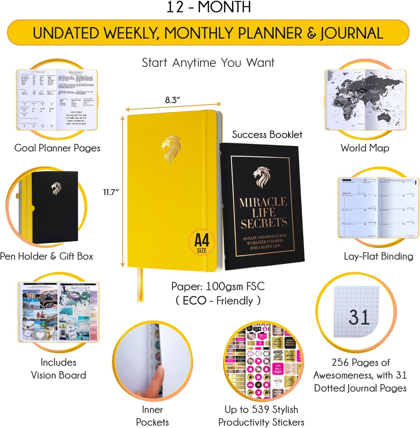 Life Planner - Undated Daily, Weekly & Monthly Planner with Budget Section | A 12 Month Journey to Increase Productivity & Happiness | Life Organizer & Gratitude Journal - Horizontal Format