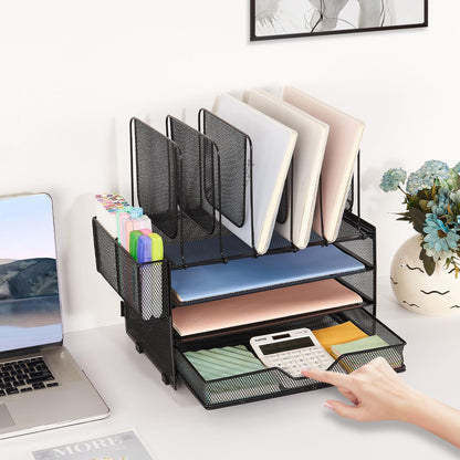 Desk Organizers and Accessories, 3-Tier Paper Organizer with 5 Vertical File Holders, File Organizer for Desk (Black With Drawer, 3T With Drawer)