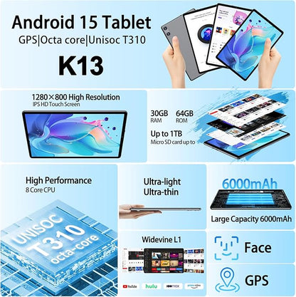 2025 Android 15 Tablet with Keyboard, 10.1 Inch Tablets FHD Display 30GB RAM 64GB ROM 1TB Expand, Octa-Core 2.0GHz, Widevine L1, 6000mAh Battery, 5G WiFi & GPS, Gemini AI, 2-in-1 Tableta PC - Gray