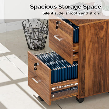 VINGLI 2-Drawer Rolling File Cabinet with Lock, Wood Mobile File Organization for Hanging Letter Size Filings Under Desk Filing Cabinets for Home Office, Assembly Required, Classic Walnut, 26.5" H