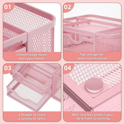 Marbrasse Mesh Desk Organizer, Pen Organizer with 2 Drawer, Multi-Functional Pencil Holder, Desk Organizers and Accessories with 5 Compartments + Drawer for Office Art Supplies (Pink)