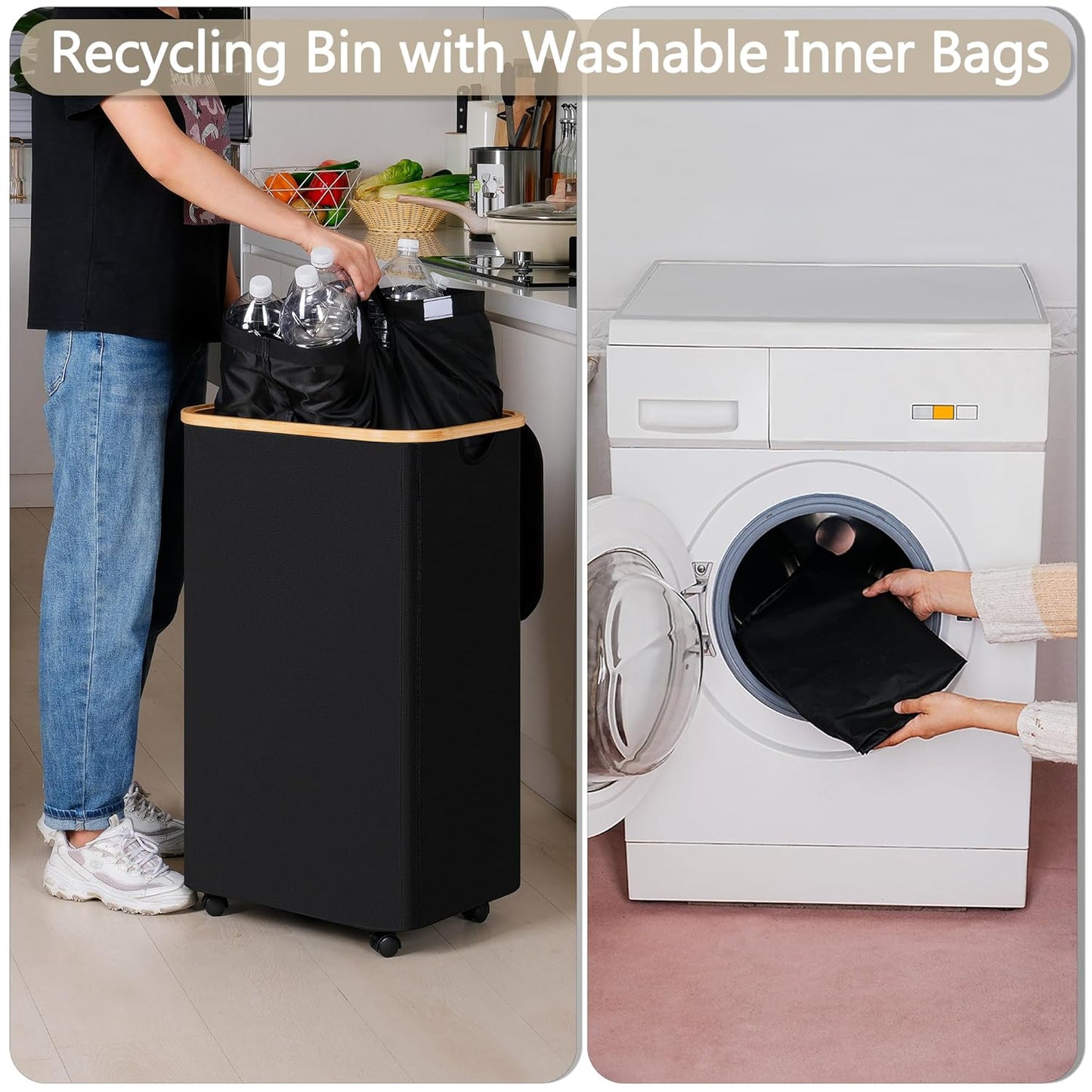 efluky Recycle Bins for Kitchen 100L (26 Gallon), Recycling Bin with Wheels and 2 Removeable and Reusable Inner Bags, Kitchen Recycling bin with lid for Bottle Can Plastice Stickers, Black