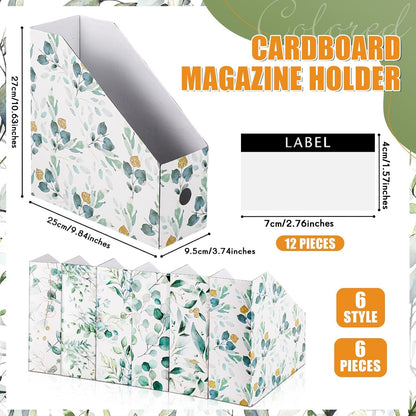 PerKoop 6 Pcs Magazine File Holder Foldable Decorative Cardboard File Folders 6 Patterns Floral Colored Magazine Rack with Printable Sticker Labels for School Office Home Desk (Eucalyptus Leaves)