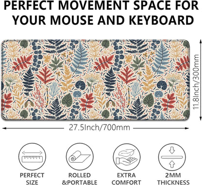 Bohemian Leaves Mouse Pad,Large Vintage Abstract Mousepad Desk Pad with Stitched Edges,Non-Slip Waterproof Rubber Base Mouse Mat for Office Computer Keyboard Laptop Home(27.5x11.8 in)