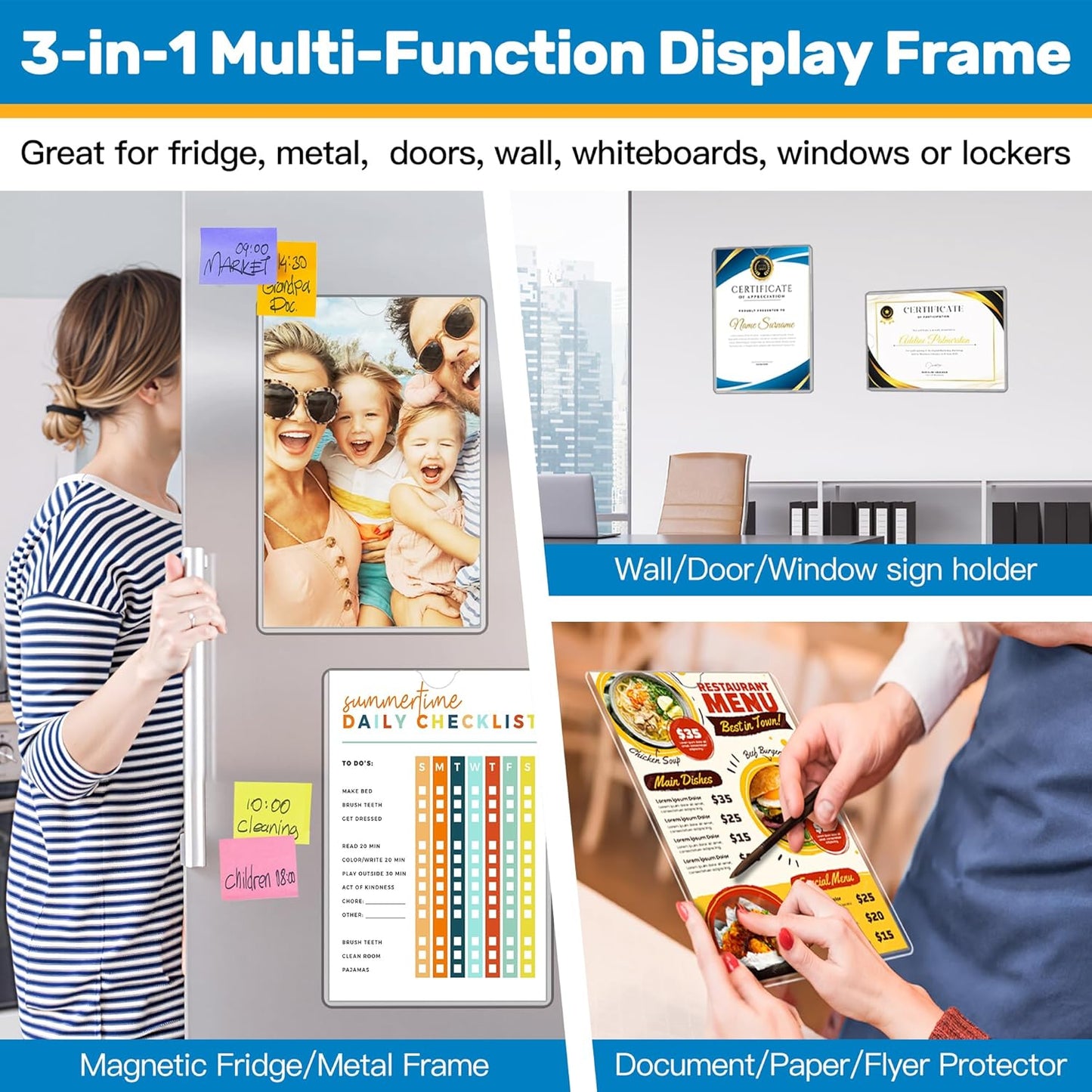 Magnetic Sign Holder 11 x 17 Adhesive Frame 5 Pack, Rigid Plastic Document Paper Holder with Magnet & Adhesive Strips, Wall Door Sign Holders Magnetic Frame for Office Home Store Restaurant