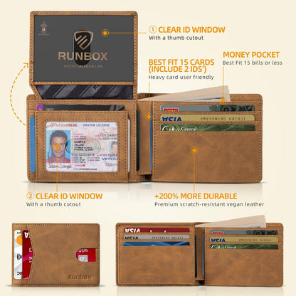 RUNBOX Wallet for Men Slim Rfid Leather 2 ID Window With Gift Box