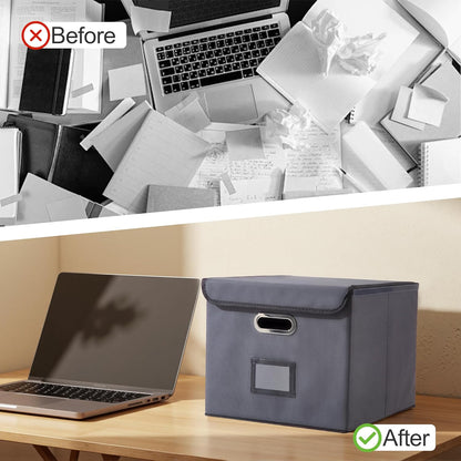 File Organizer Box, Linen Filing Organizer with Lid, Large Desktop File Boxes,Dark Grey,2 Pack