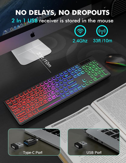 Wireless Keyboard and Mouse Combo - Large Print, RGB Backlit, Oversize Light Up Letters, Rechargeable, Ergonomic Tilt Leg, Sleep Mode, 2.4GHz Quiet Keyboard Mouse for Mac, Windows, Laptop, PC, Trueque