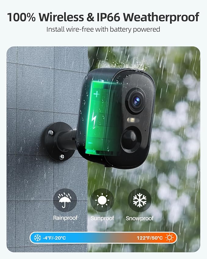 Rocktone 2K Security Cameras Wireless Outdoor, Battery Powered WiFi Cameras for Home Security with AI Motion Detection, Spotlight Color Night Vision, 2-Way Talk, Siren Alarm, IP65, Cloud/SD Storage