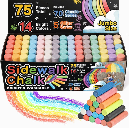 75 PCS Sidewalk Chalk for Kids - 14 Colors, 5 Glitter, Non-Toxic Washable Jumbo Chalks - Bulk Set of Outdoor Paint for Kids and Toddlers - Chalkboard Toys - Big Bucket Chalk for Party