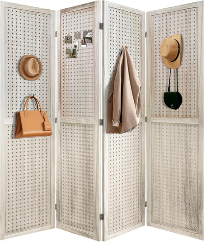 NicBex 4 Panel Pegboard Display,5.6FT Wood PegBoard Room Dividers,Folding Privacy Screens Portable Freestanding Display Board for Craft/Art Shows,Room Separation,Natural Wood