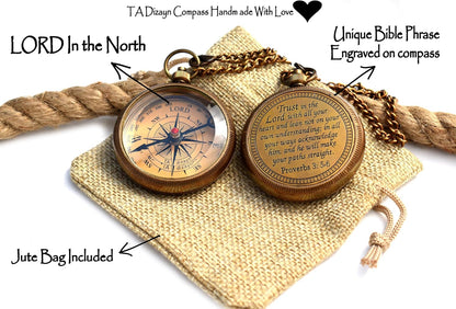 Trust in The Lord With All Your Heart - Proverbs 3:5-6 Quote Engraved Compass With Wooden Box, Greeting Card, Gift Compass, Graduation Day Gifts 2024 for Women Men Boys Girls