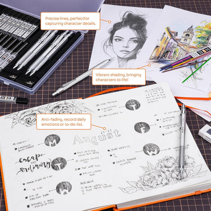 Nicpro 35PCS Silver Metal Mechanical Pencils Set in Case, Art Drafting Pencil 0.5, 0.7, 0.9 mm & 3PCS 2mm Graphite Lead Holder for Drawing Sketching With 20 Tube Lead Refills(6B 4B 2B HB 2H 4H Colors)