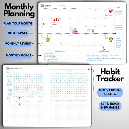 Undated Daily Planner – 6-Month A5 Productivity Organizer with Full Page Per Day, Hourly Schedule, Goal Setting, Habit Tracker, Weekly & Monthly Pages – Hardcover Time Management Notebook (Blue)