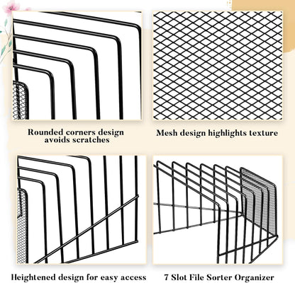 2 Pcs 7 Slot Incline File Sorter Metal Wire Mesh File Racks for Desktop Letter Sorter for Magazine Folder Book Organizer Home Office School Paper Mail Desk Storage Holder (Black)