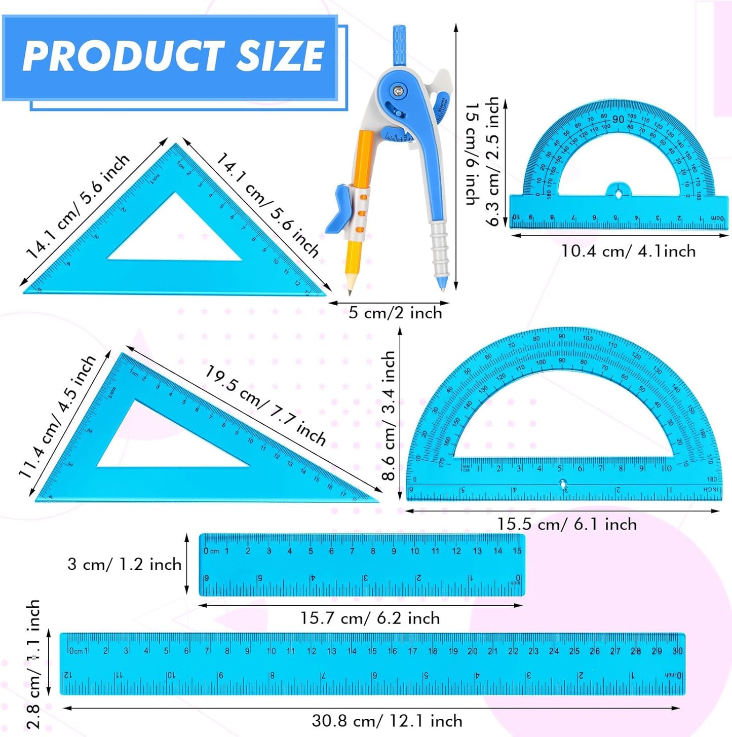 Zonon 1 Set Plastic Geometry Math Set 7 Pcs Includes 6'' / 4 '' Protractor, Drawing Compass, 45/60 Degree Triangle Rulers, 12'' / 6'' Math Ruler Transparent for Office Supplies(Blue)
