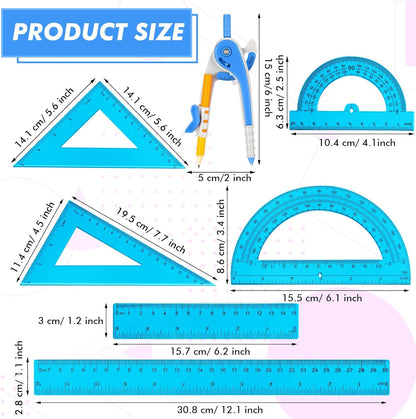 Zonon 1 Set Plastic Geometry Math Set 7 Pcs Includes 6'' / 4 '' Protractor, Drawing Compass, 45/60 Degree Triangle Rulers, 12'' / 6'' Math Ruler Transparent for Office Supplies(Blue)