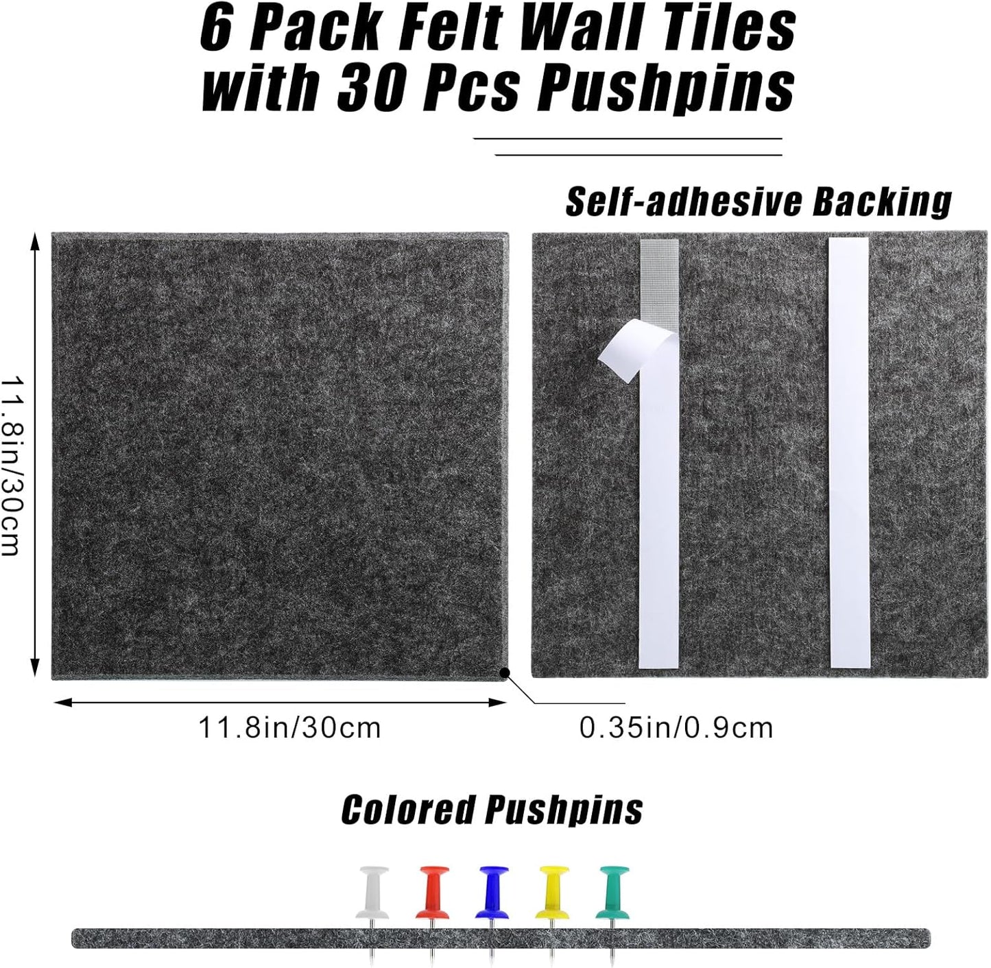 Large Cork Board 36" x 24", 6 Pack Felt Wall Tiles with 30 Pcs Pushpins, Bulletin Board with Removable Self-Adhesive Strips, Pin Boards Cork Boards for Walls Office Home Classroom Decor-Dark Gray
