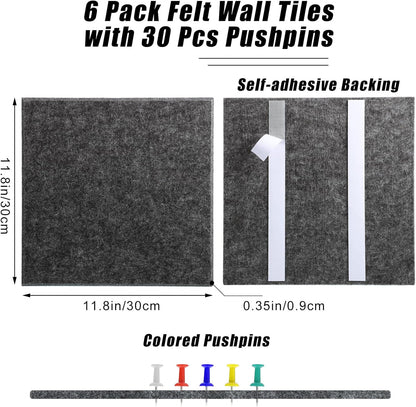 Large Cork Board 36" x 24", 6 Pack Felt Wall Tiles with 30 Pcs Pushpins, Bulletin Board with Removable Self-Adhesive Strips, Pin Boards Cork Boards for Walls Office Home Classroom Decor-Dark Gray