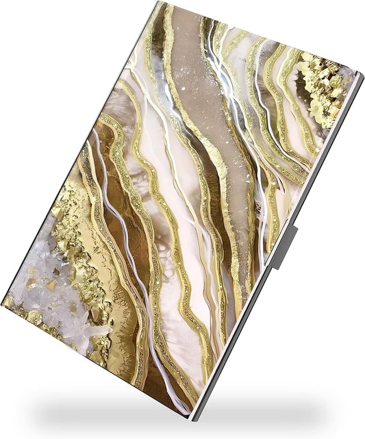 Business Card Metal Slim Organizer, Professional Stainless Steel Square Pocket Wallet for Office Workers, Compact and Portable for Pockets (Gold Marble)