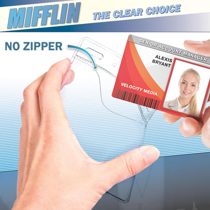 Mifflin-USA Card Protector (4x3 Inch, Clear, Bulk 50 Pack) Quick Load Horizontal No Zipper Name ID Badge Holder