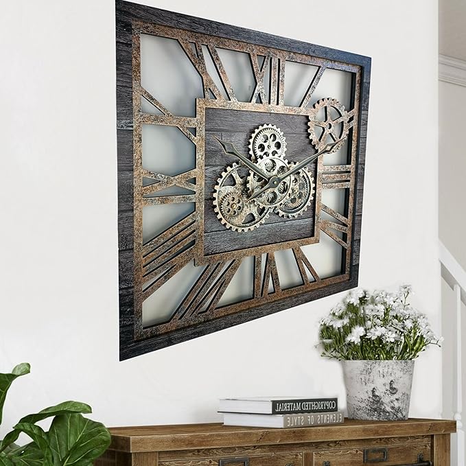 ImprovingLife The Gears Clock 24'' Inch Square Real Moving Gear Wall Clock Vintage Industrial Oversized Rustic Farmhouse (Carbon Grey)