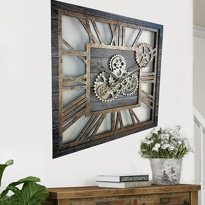 ImprovingLife The Gears Clock 24'' Inch Square Real Moving Gear Wall Clock Vintage Industrial Oversized Rustic Farmhouse (Carbon Grey)