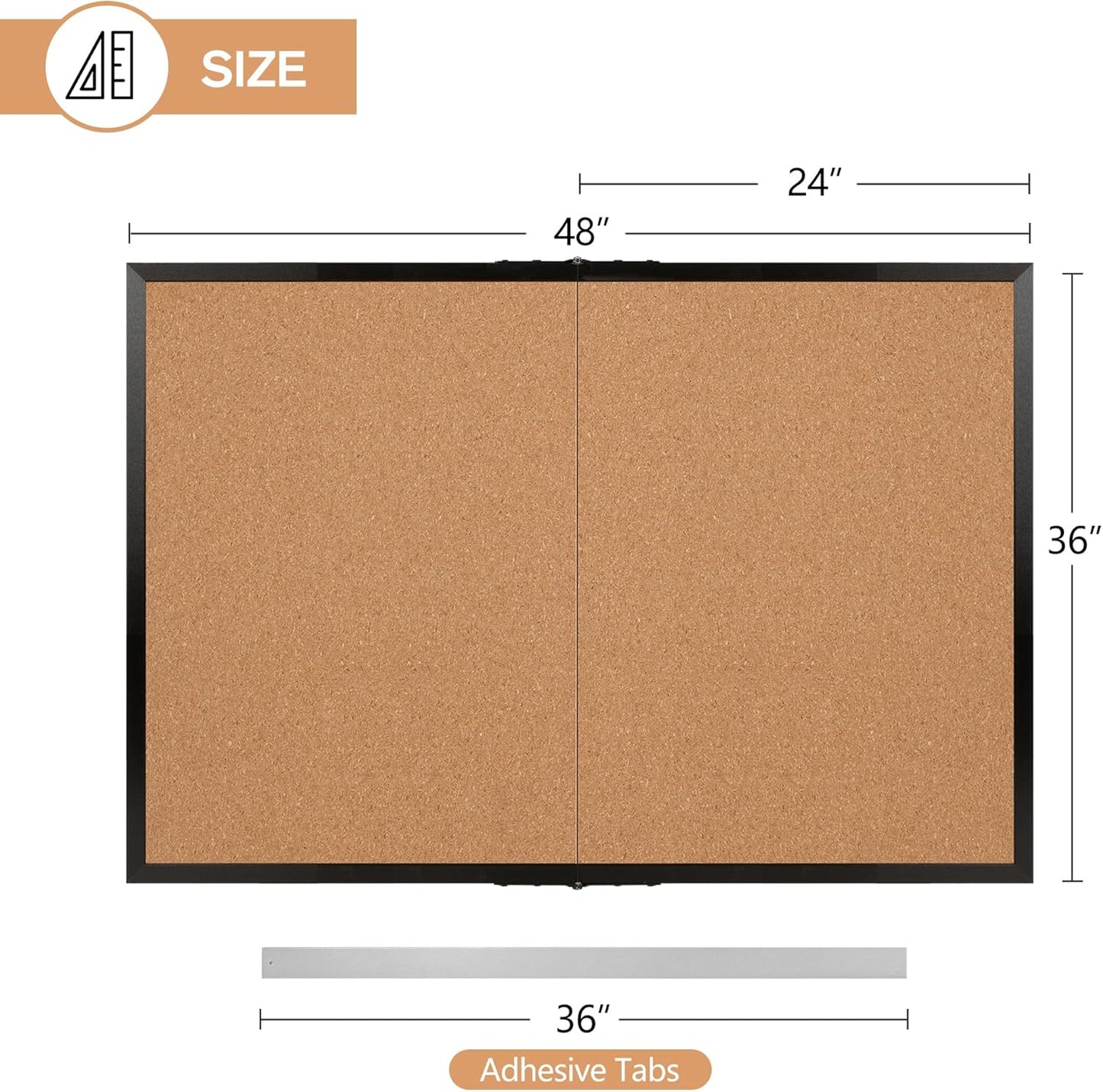 Board2by Cork Board Bulletin Board 36 x 48, Black Wood Framed 4x3 Corkboard, Foldable Office Board for Wall Decor, Large Wall Mounted Notice Pin Board with 36 Push Pins for School, Home & Office