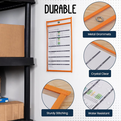 Essex Wares - 5 Pack, Orange, Job Ticket Holders, 10" Wide x 13.5" Tall - Clear Plastic Shop Ticket Holders - Easy to Use, Reusable & Easy Erase Plastic Invoice Holders, Water-Resistant & Durable