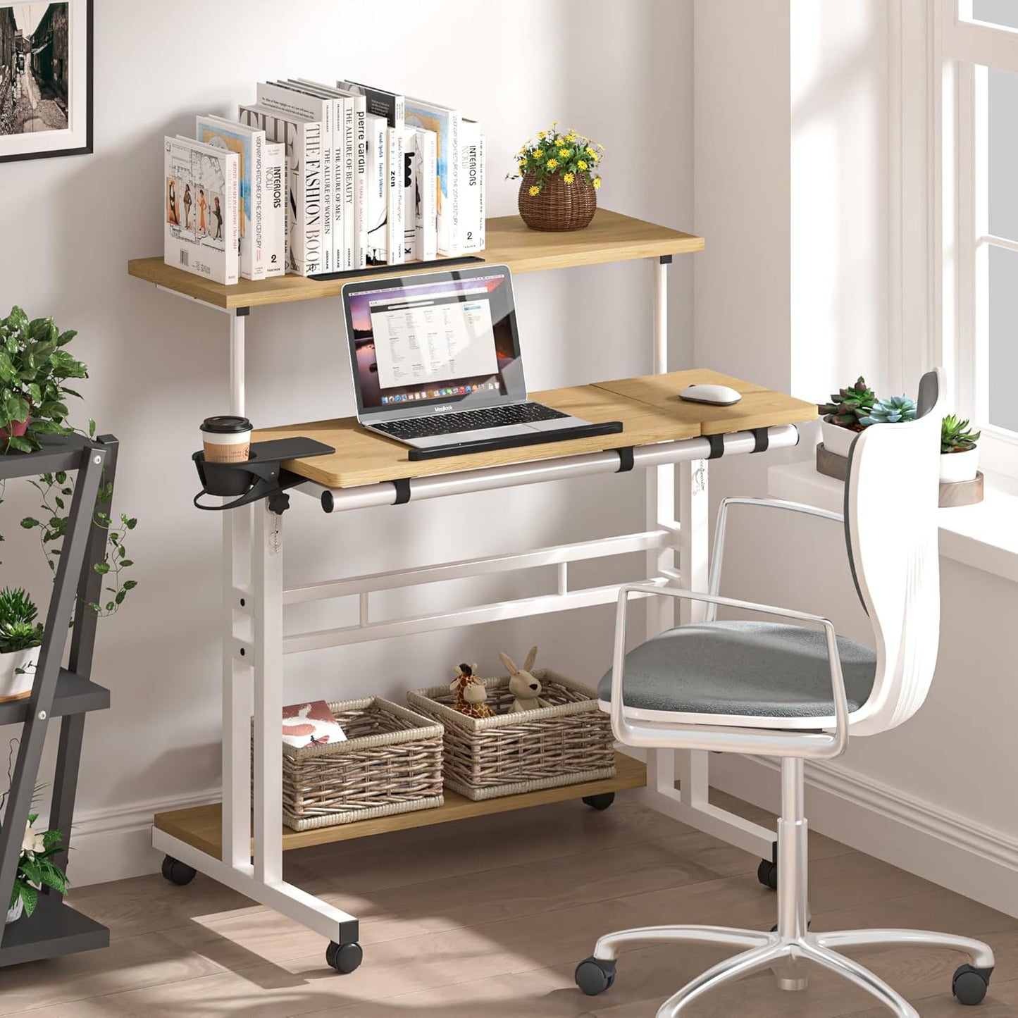 Mobile Standing Desk, Adjustable Rolling Computer Desk with 3 Desktops, Portable Laptop Table with Cup Holder, Home Office Laptop Workstation on Lockable Wheels,Khaki