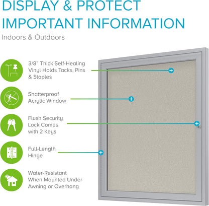 Ghent 24"x18" 1-Door Outdoor Enclosed Vinyl Bulletin Board, Shatter Resistant, with Lock, Satin Aluminum Frame - Ivory (PA12418VX-185), Made in the USA
