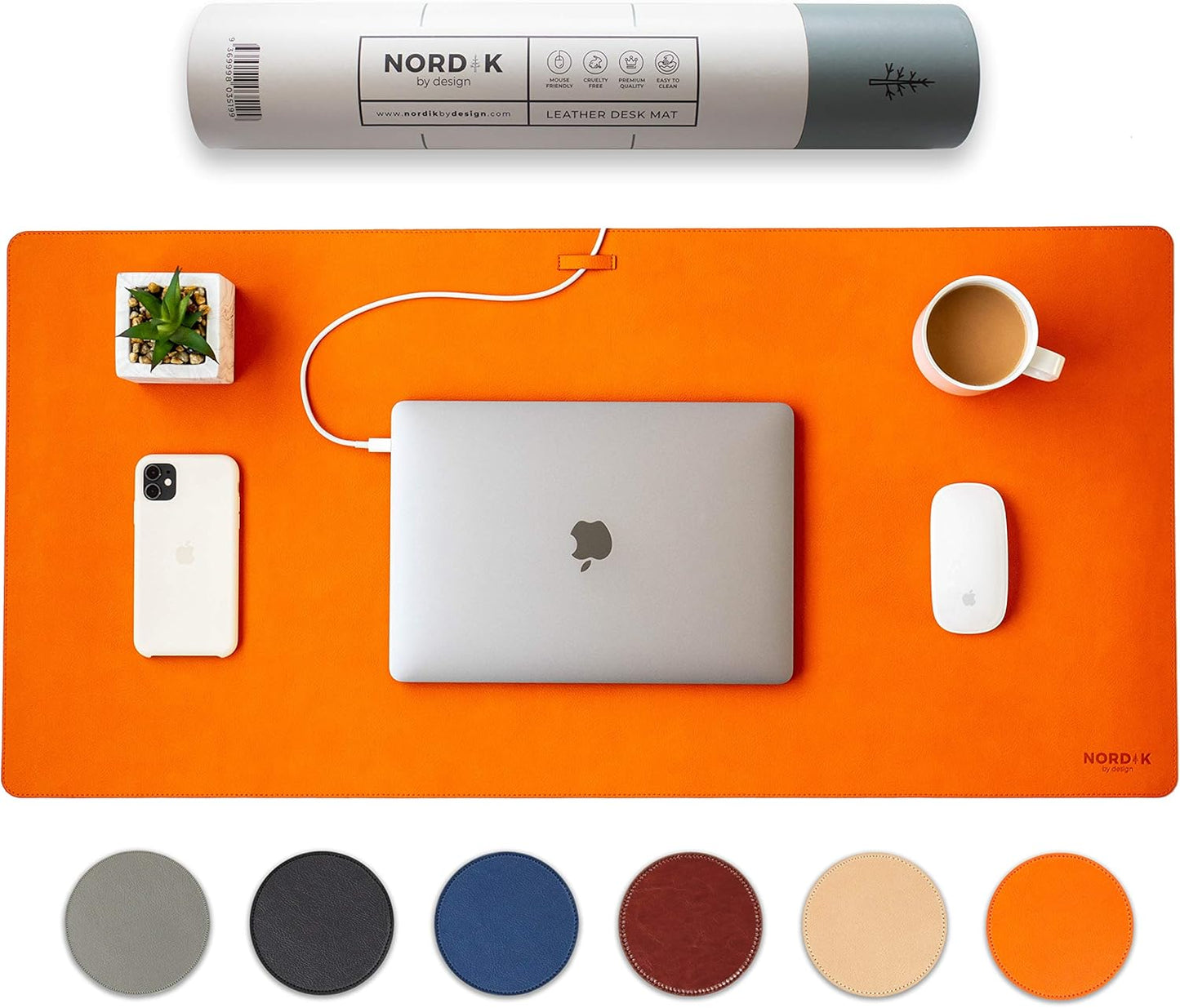 Nordik Leather Desk Mat Cable Organizer - Tangerine Orange 35 X 17 inch - Premium Extended Mouse Mat for Home Office Accessories - Non-Slip Vegan Leather Desk Pad Protector & Desk Blotter Pad