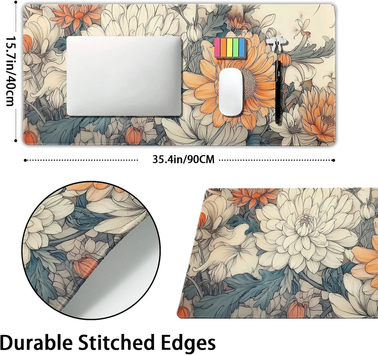 Minimalist Floral Gaming Mouse Pad XXL White Orange Aesthetic Flowers Japanese Extended Large Mat Mousepad Non-Slip Rubber Base Stitched Edge Keyboard Pad Playmat for Computer,35.4×15.7 Inch