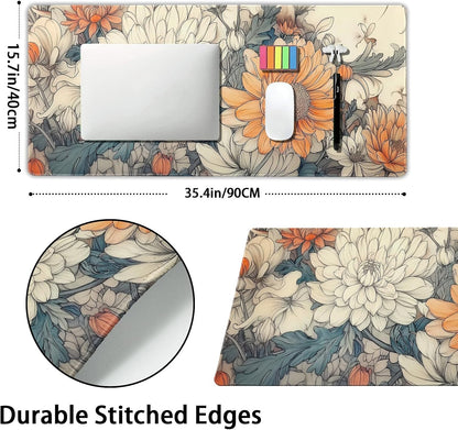 Minimalist Floral Gaming Mouse Pad XXL White Orange Aesthetic Flowers Japanese Extended Large Mat Mousepad Non-Slip Rubber Base Stitched Edge Keyboard Pad Playmat for Computer,35.4×15.7 Inch