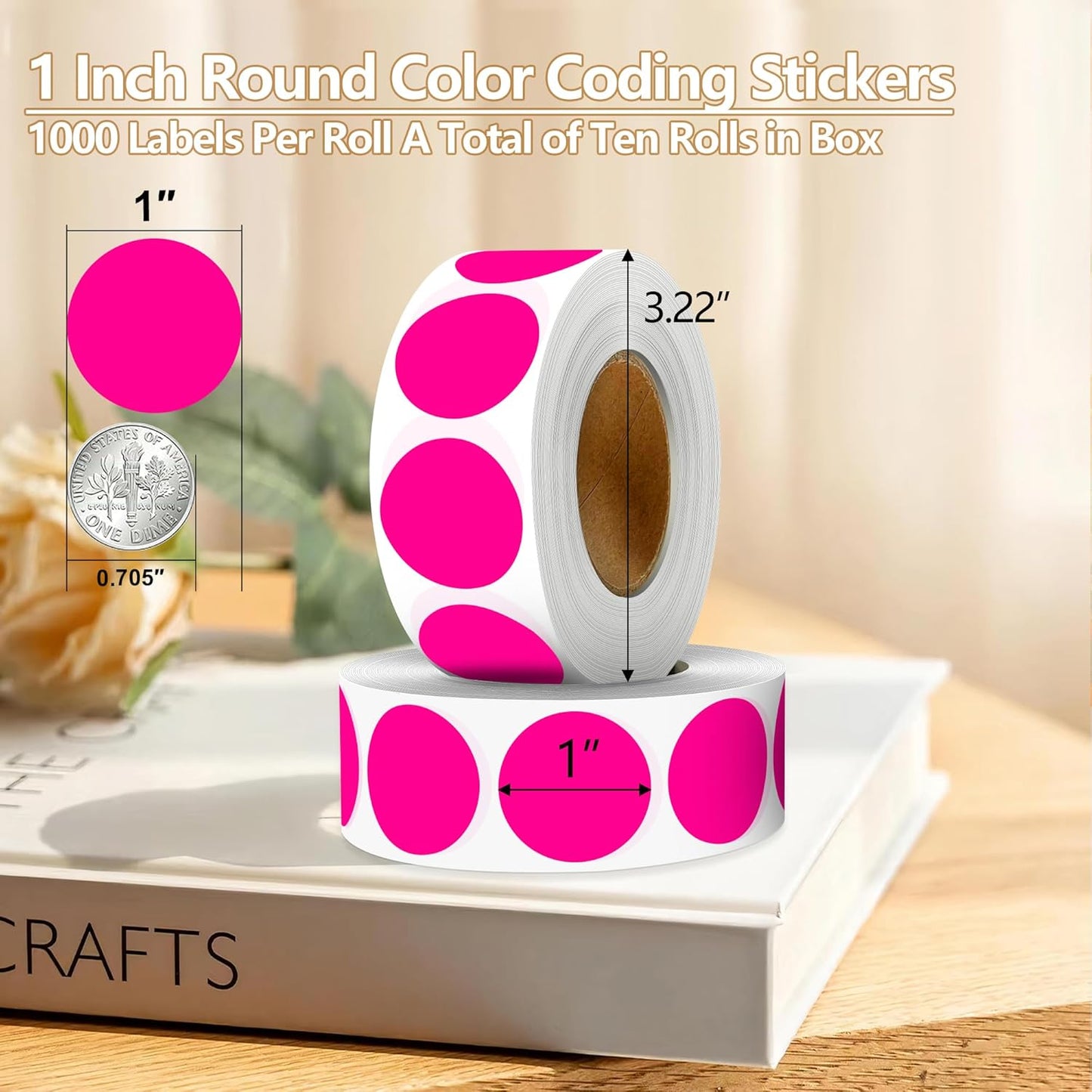Fluorescent Pink 1 Inch Round Color Coding Dot Labels, 10 Rolls 10000 Dot Stickers in Dispenser Box - Permanent Adhesion, Vibrant Colors, Highly Visible