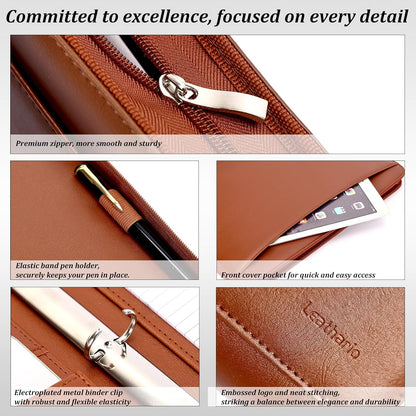 Leathario Portfolio Binder, Includes 10 Sheet Protectors and 3 Notepads, 3-Ring Folder Organizer, A4 Padfolio with Zipper, Vegan Leather Tablet Sleeve, Business Office Conference Clipboards