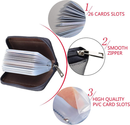 Easyoulife Genuine Leather Credit Card Holder Zipper Wallet With 26 Card Slots