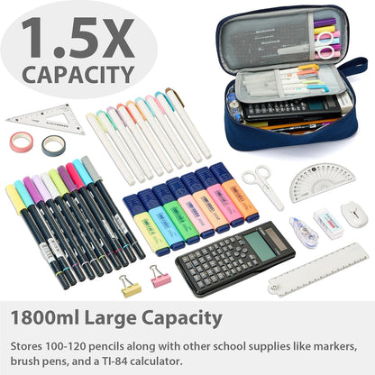 Pencil Case Pouch Box Bag School Supplies Girls Boys Kids, Cute Preppy Stuff Large Big Capacity Aesthetic Pen Organizer, Back to College Stationary, Navy Blue, Classic Stlye, 1800ml