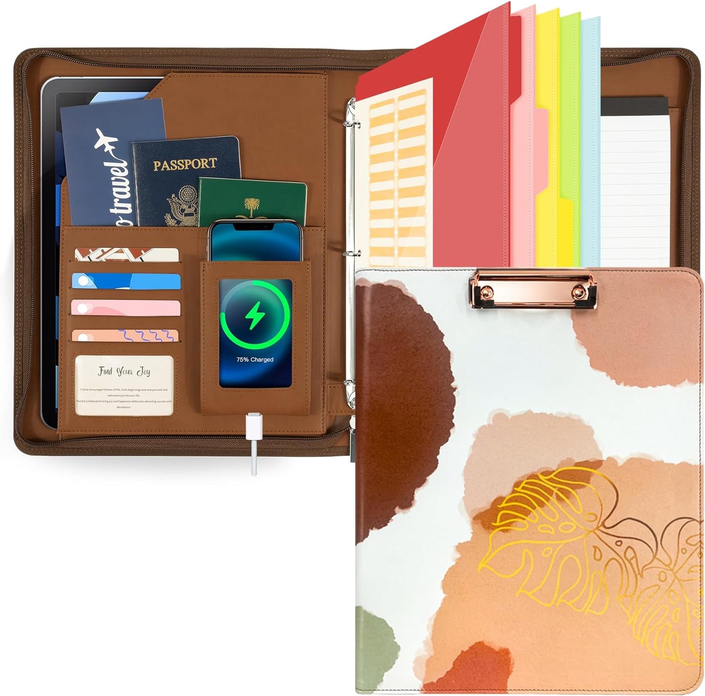 Leather Clipboard with Storage, Zippered Padfolio Portfolio Organizer, 3 Ring Binder 1 Inch, Notepad, Tablet Sleeve, 5 Dividers with Pocket, Stickets for Office, Nurses, Students, Teachers Brown