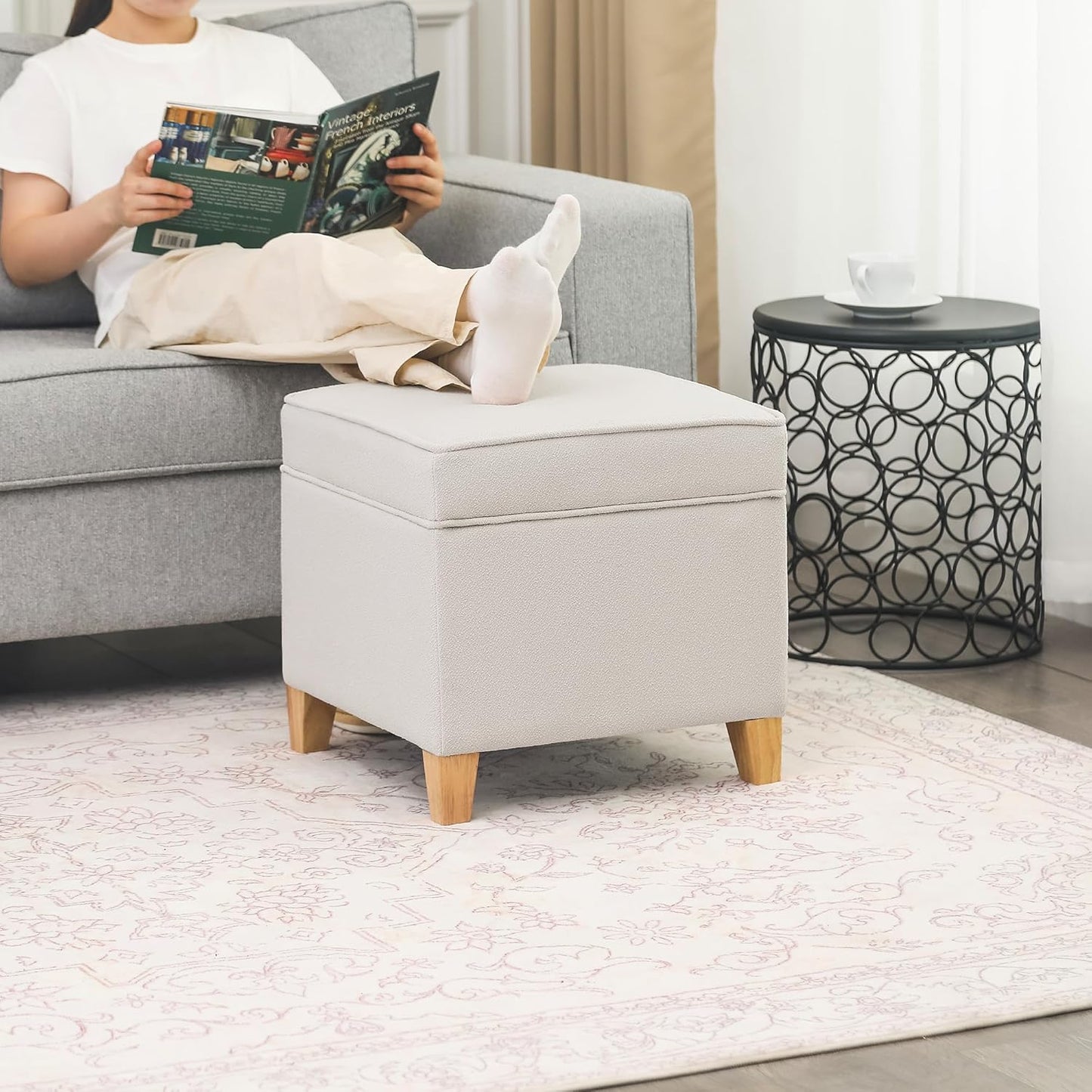 Adeco 17.5" Square Fabric Ottoman with Storage - Upholstered Cotton Linen Foot Rest - Flip Top Footstool with Sturdy Wood Legs, Small Cube Coffee Table Extra Seat for Living Room, Bedroom, White